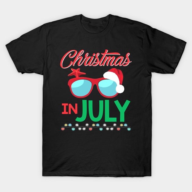 Christmas in July Santa Hat Sunglasses Summer Gifts T-Shirt by Beker